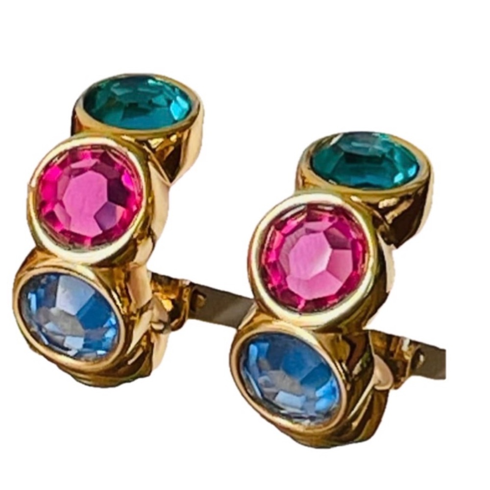 Swarovski gold-tone half-hoop earrings blue, pink, green glass crystal lips
